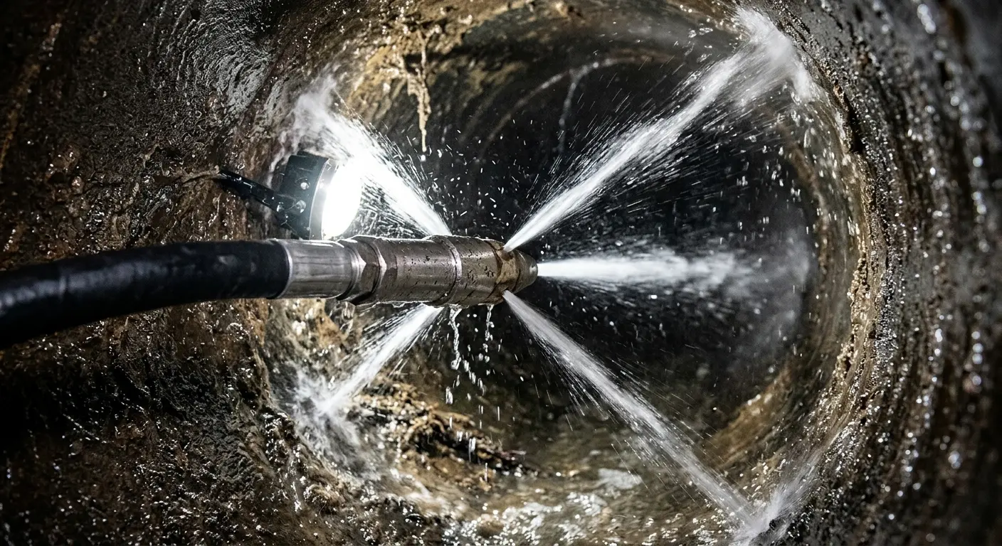 High-pressure hydro jetting nozzle cleaning sewer pipe for Sewer Cleanout in Boyes Hot Springs