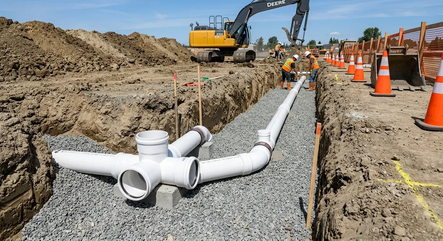 New PVC sewer pipe installation in open trench for Sewer Backup in Boyes Hot Springs