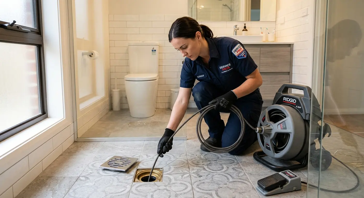 Technician clearing a bathroom floor drain for Sewer Line Replacement in Boyes Hot Springs